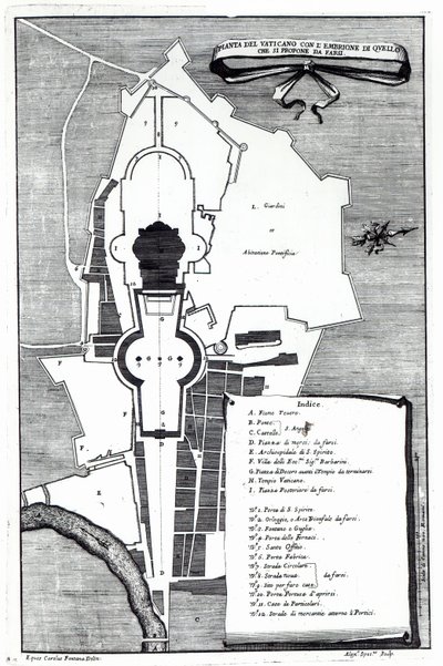 Piantina del Vaticano, Roma, inciso da Alessandro Specchi da Carlo Fontana